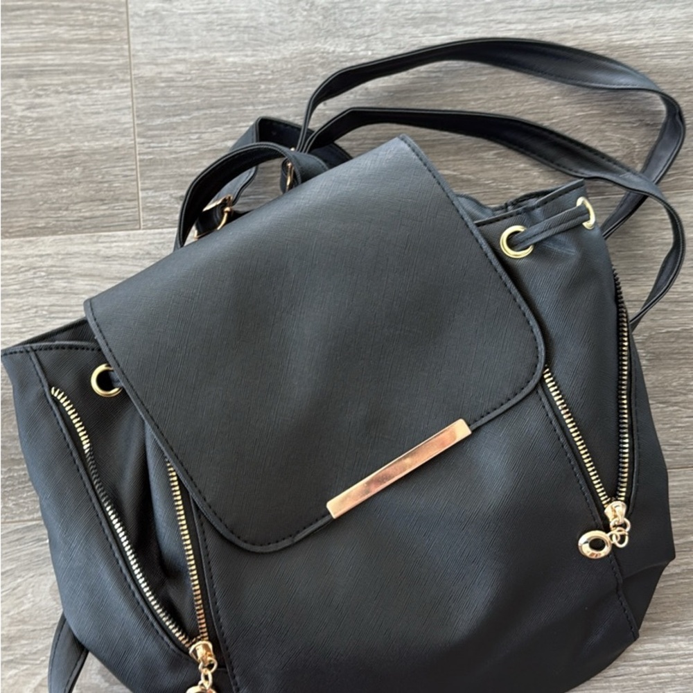 Faux Leather Black Backpack with Gold Accents